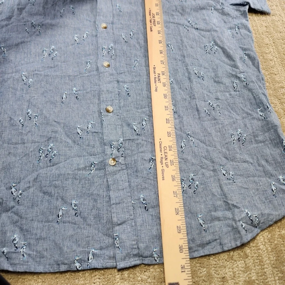 Banana Republic Linen Blend Shirt Men‎ XL Seahorse AOP Chambray Blue Slim Fit